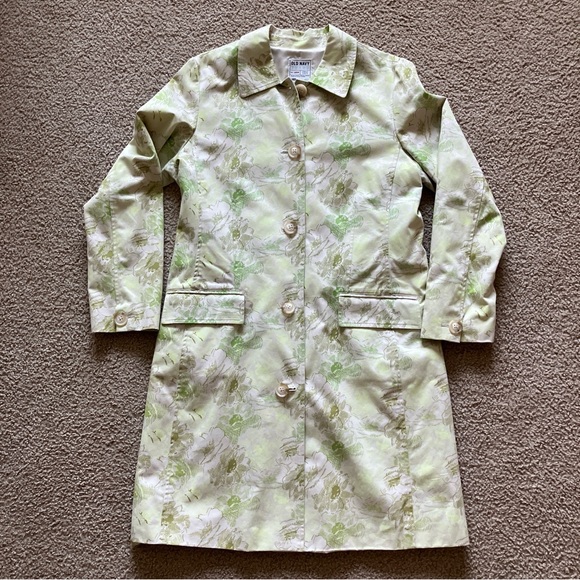 NWT Vintage Old Navy Green and Light Tan Floral Print Trench Coat - Picture 1 of 7